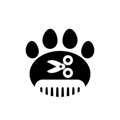 Pet Grooming. Comb and scissor and paw trail.
