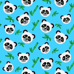 Seamless pattern with panda faces and bamboo on blue background, can be used for decorating children items