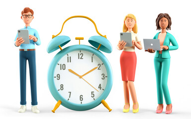 3D illustration of business people team standing nearby a huge vintage alarm clock. Happy multicultural human characters using digital tablets and laptops. Successful teamwork, task due dates. - obrazy, fototapety, plakaty
