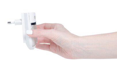 Night light with motion sensor in hand on white background isolation