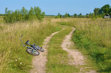 A bicycle lying on a country road in the summer