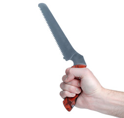 Obraz premium Hand saw work tool in hand on white background isolation