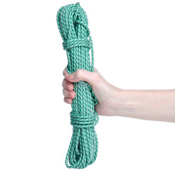 green paracord rope in hand on white background isolation