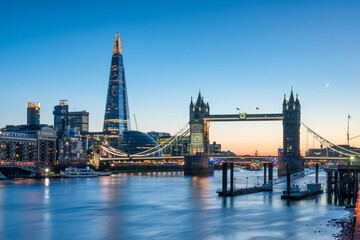 London skyline at dusk with Tower Bridge and The Shard