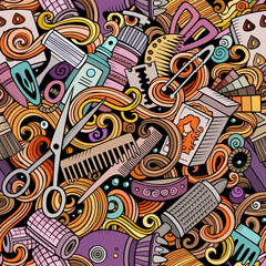 Obraz premium Hair Salon hand drawn doodles seamless pattern. Hairstyle background.