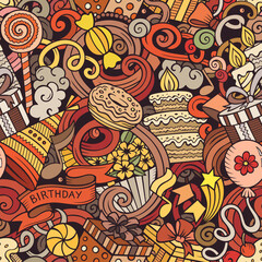 Happy Birthday hand drawn doodles seamless pattern.