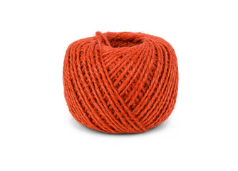 One ball of red knitted threads on a white background, Isolated object