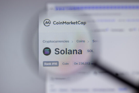 New York, USA - 1 May 2021: Solana SOL cryptocurrency logo close-up on website page, Illustrative Editorial.
