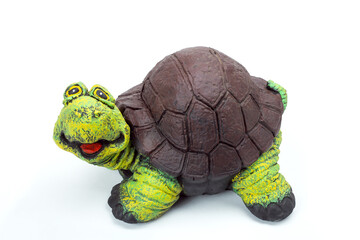 funny cartoon turtle garden concrete sculpture for backyard or park landscape design decoration, stone animal object cheerful isolated on white background, nobody.