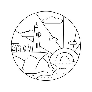 Line art, Lighthouse, Beacon logo icon. Lighthouse stands on rock next to house and trees against background of sun, clouds, and sun rays. Beacon logo design template with water ocean element. Vector