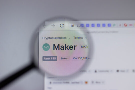 New York, USA - 1 May 2021: Maker MKR cryptocurrency logo close-up on website page, Illustrative Editorial.