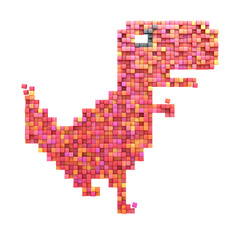 3D render red silhouette of funny tyrannosaur from cubes pixel, isolated on white background. File contains a path to isolation.