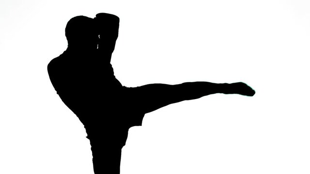 Silhouette of a male athlete in profile at training in Muay Thai with gloves.