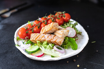 tuna veggie salad seafood mix leaves green cherry tomato on the table healthy diet meal snack copy space food background rustic top view vegetarian food