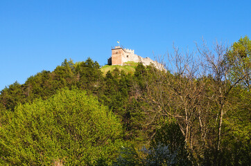 Fototapeta premium Picturesque landscape view of ruins of ancient Kremenets castle on the top of the hill. Famous touristic place and romantic travel destination. Kremenets, Ternopil province, Ukraine