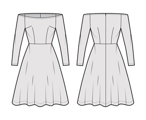 Dress off-shoulder Bardot technical fashion illustration with long sleeves, fitted body, knee length semi-circular skirt. Flat apparel front, back, grey color style. Women, men unisex CAD mockup