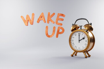 Naklejka na ściany i meble old vintage retro style alarm clock with golden metal body on grey neutral background; wake up; 3D Illustration