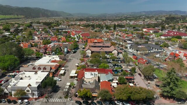Aerial drone view over the dutch town of Solvang, in Central California. Part 2