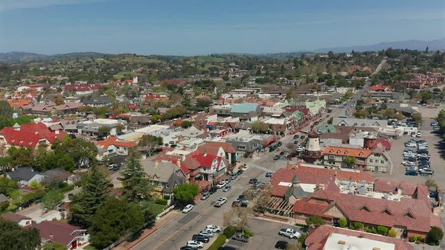 Aerial footage over the dutch tourist town of Solvang, in Central California