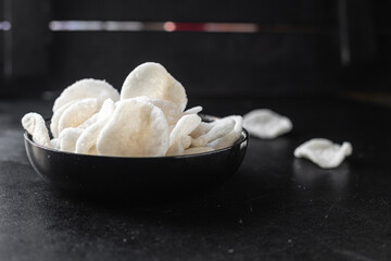 rice chips snack tapioca meal copy space food background rustic. top view diet vegan or vegetarian food