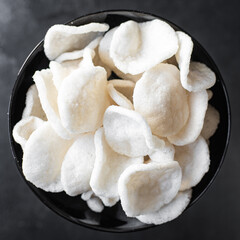 rice chips snack tapioca meal copy space food background rustic. top view diet vegan or vegetarian food