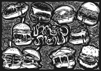 Vector design food with graphic illustrations of burger on the black background. Vintage elements, words, letters