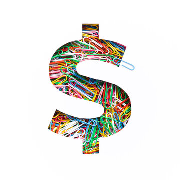 Dollar money sign made of colorful rainbow paperclips and cut paper isolated on white. Typeface of office supplies