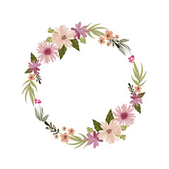 round frame with watercolor pink flowers and plants. isolated on white background hand painted, for weddings, designs and invitations