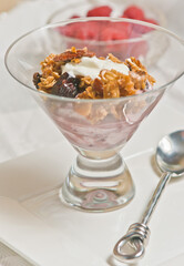 top, front view, close distance of a glass display container, filled with maple quinoa granola with a dash of sour cream and an artisan spoon