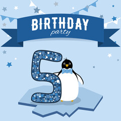 Five birthday party invitation. Postcard with boy penguin in blue colors.