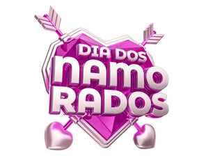 Label for valentines day in Brazil. Pink heart with arrows and faceted heart. The phrase Dia dos Namorados means Valentine's Day. 3d illustration