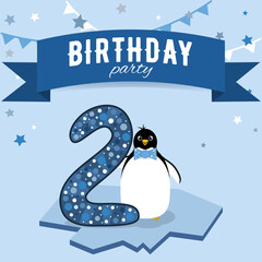 Two birthday party invitation. Postcard with boy penguin in blue colors.