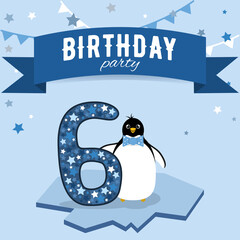 Six birthday party invitation. Postcard with boy penguin in blue colors.
