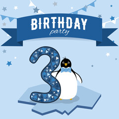 Three birthday party invitation. Postcard with boy penguin in blue colors.