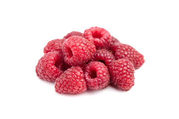 Fresh raspberries bunch isolated on white background. Heap of red raspberries