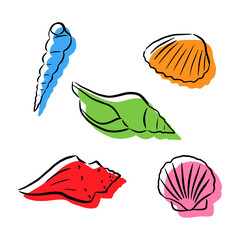 Set of seashells with a black outline and a colored silhouette. Vector illustration for patterns, postal cards, and prints.