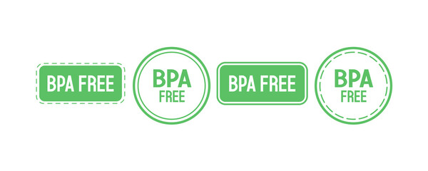 BPA free, green badges for packaging. Green icons for product labels. Vector illustration.