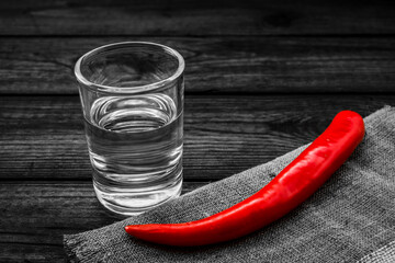 Shot of vodka with piece of cloth and cayenne pepper on an old wooden table. Close up view