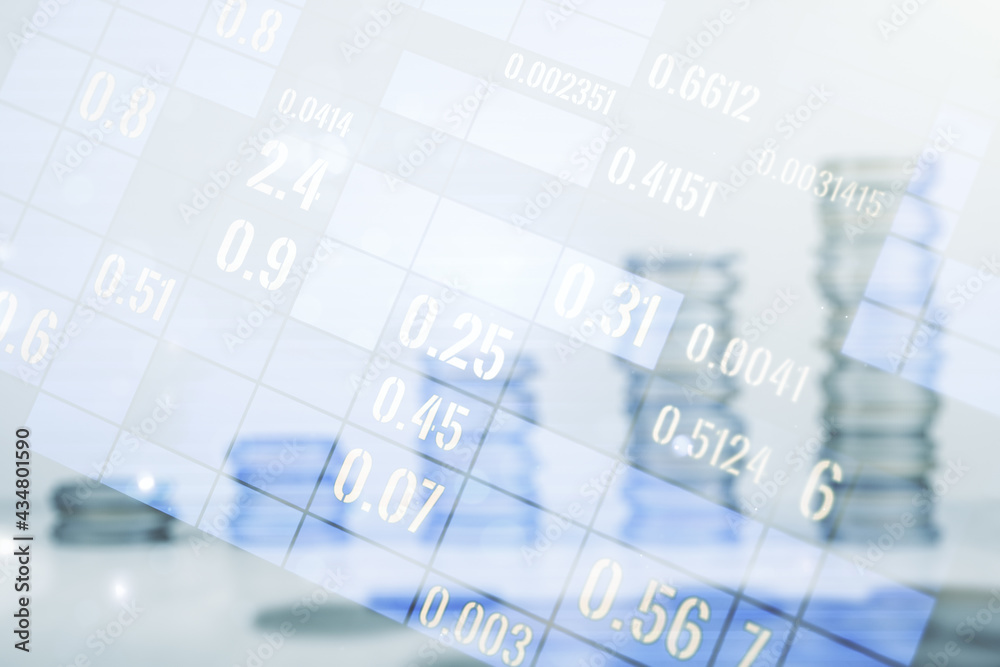 Poster abstract virtual analytics data spreadsheet on coins background, analytics and analysis concept. mul