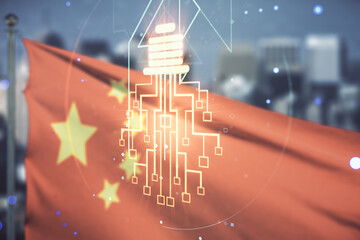 Virtual creative idea concept with light bulb and microcircuit illustration on flag of China and blurry cityscape background. Neural networks and machine learning concept. Multiexposure