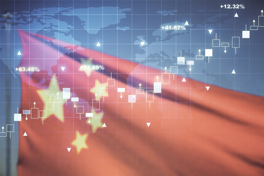 Multi exposure of virtual abstract financial graph hologram and world map on Chinese flag and sunset sky background, financial and trading concept