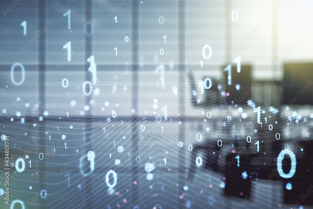 Poster abstract virtual binary code illustration on a modern conference room background. big data and codin