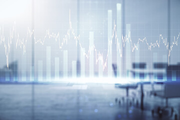 Multi exposure of virtual creative financial chart hologram on a modern meeting room background, research and analytics concept