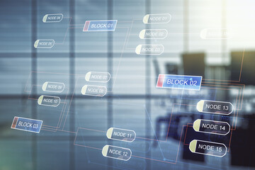 Abstract virtual coding illustration on a modern coworking room background, software development concept. Multiexposure