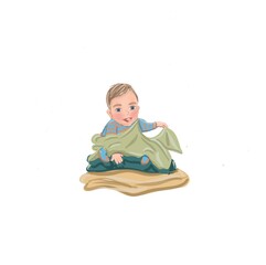 Cartoon style illustration. Little Boy Play with towels. Newborn siting on pillows. 