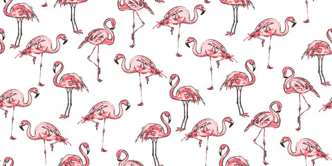 Tropisches nahtloses Muster mit rosa Flamingo. Skizze von Flamingovögeln auf weißem Hintergrund. Trendiges Sommerdesign, perfekt für Textilien, Tapeten, Webseitenhintergründe. Vektor-Illustration
