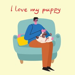 Man holding his domestic animal. Colorful vector illustration.