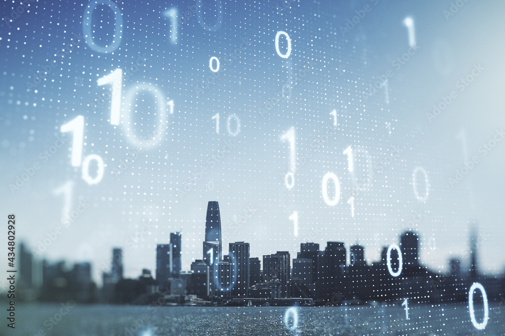 Poster double exposure of abstract virtual binary code hologram on san francisco city skyscrapers backgroun