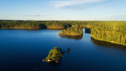 Aerial view of blue lake and green pine forests on a sunny summer day in Finland. drone photography