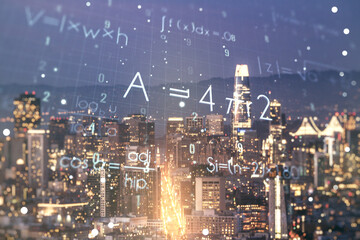 Scientific formula hologram on San Francisco office buildings background, research concept....